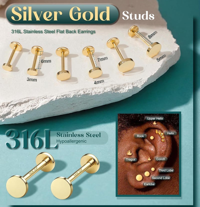 GEMQUEEN Flat Back Earrings Stud : 14K Gold Filled Titanium Surgical Steel Earrings Hypoallergenic for Women Men 16G 18G Cartilage Helix Tragus Conch Medusa Piercing Jewelry Dainty Earring Set 3 Pairs - Image 1